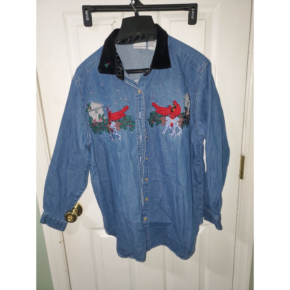 Bobbie Brooks Woman Denim Christmas Shirt Cardinal Birdhouse Embroidery 14W 16W